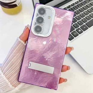 For Samsung Galaxy S24+ 5G Plating Glitter Texture Fold Holder TPU Phone Case with Lens Film(Purple Tinfoil Texture)