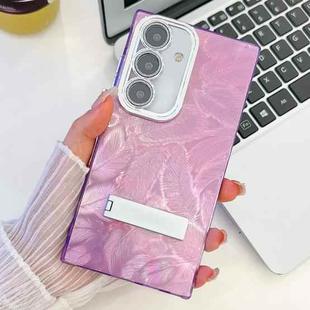 For Samsung Galaxy S24 5G Plating Glitter Texture Fold Holder TPU Phone Case with Lens Film(Purple Feathers)