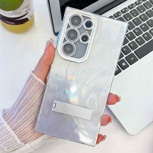 For Samsung Galaxy S23 Ultra 5G Plating Glitter Texture Fold Holder TPU Phone Case with Lens Film(White Feather Yarn)