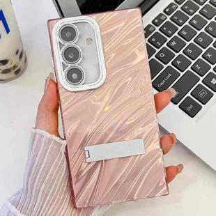 For Samsung Galaxy S25 5G Plating Glitter Texture Fold Holder TPU Phone Case with Lens Film(Pink Water Ripples)