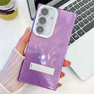 For Samsung Galaxy S25 5G Plating Glitter Texture Fold Holder TPU Phone Case with Lens Film(Purple Feather Yarn)