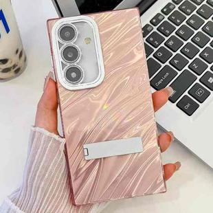 For Samsung Galaxy S25+ 5G Plating Glitter Texture Fold Holder TPU Phone Case with Lens Film(Pink Water Ripples)