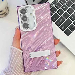 For Samsung Galaxy S25+ 5G Plating Glitter Texture Fold Holder TPU Phone Case with Lens Film(Purple Water Ripples)