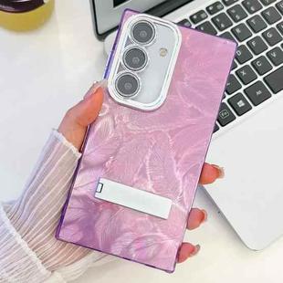 For Samsung Galaxy S25+ 5G Plating Glitter Texture Fold Holder TPU Phone Case with Lens Film(Purple Feathers)