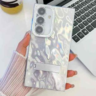 For Samsung Galaxy S25+ 5G Plating Glitter Texture Fold Holder TPU Phone Case with Lens Film(White Wrinkles)