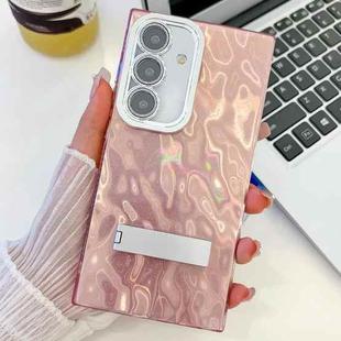 For Samsung Galaxy S25+ 5G Plating Glitter Texture Fold Holder TPU Phone Case with Lens Film(Pink Wrinkles)