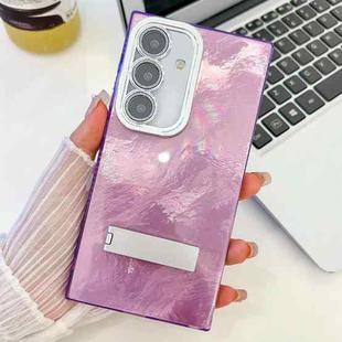 For Samsung Galaxy S25+ 5G Plating Glitter Texture Fold Holder TPU Phone Case with Lens Film(Purple Tinfoil Texture)