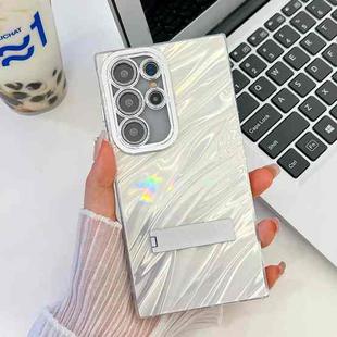 For Samsung Galaxy S25 Ultra 5G Plating Glitter Texture Fold Holder TPU Phone Case with Lens Film(White Water Ripples)