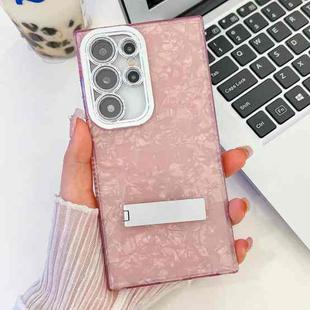 For Samsung Galaxy S25 Ultra 5G Plating Glitter Texture Fold Holder TPU Phone Case with Lens Film(Pink Shell Pattern)
