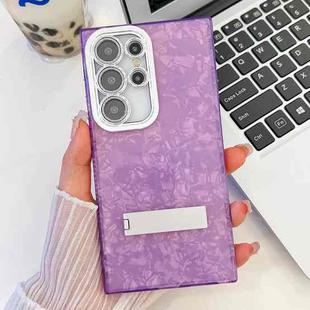 For Samsung Galaxy S25 Ultra 5G Plating Glitter Texture Fold Holder TPU Phone Case with Lens Film(Purple Shell Pattern)