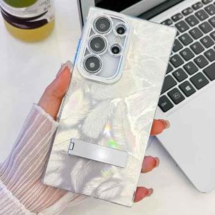 For Samsung Galaxy S25 Ultra 5G Plating Glitter Texture Fold Holder TPU Phone Case with Lens Film(White Feathers)