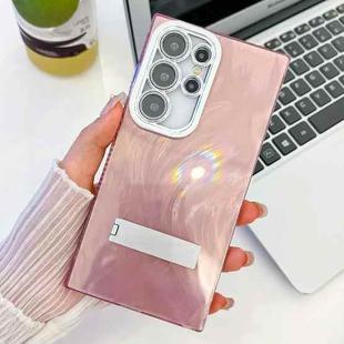 For Samsung Galaxy S25 Ultra 5G Plating Glitter Texture Fold Holder TPU Phone Case with Lens Film(Pink Feather Yarn)