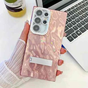 For Samsung Galaxy S25 Ultra 5G Plating Glitter Texture Fold Holder TPU Phone Case with Lens Film(Pink Wrinkles)