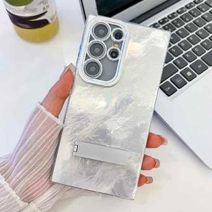 For Samsung Galaxy S25 Ultra 5G Plating Glitter Texture Fold Holder TPU Phone Case with Lens Film(White Tinfoil Texture)