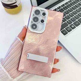 For Samsung Galaxy S25 Ultra 5G Plating Glitter Texture Fold Holder TPU Phone Case with Lens Film(Pink Tinfoil Texture)