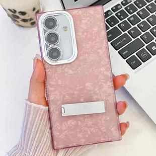 For Samsung Galaxy A16 5G Plating Glitter Texture Fold Holder TPU Phone Case with Lens Film(Pink Shell Pattern)