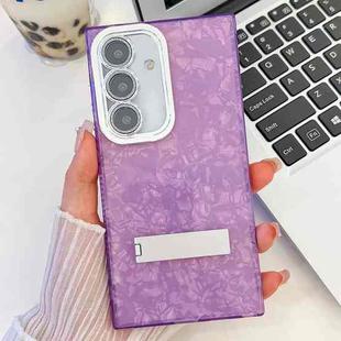 For Samsung Galaxy A16 5G Plating Glitter Texture Fold Holder TPU Phone Case with Lens Film(Purple Shell Pattern)