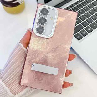 For Samsung Galaxy A16 5G Plating Glitter Texture Fold Holder TPU Phone Case with Lens Film(Pink Tinfoil Texture)