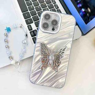 For iPhone 16 Pro Max Plating Glitter Lens Film Texture Butterfly Holder Wristband Phone Case(White Water Ripples)