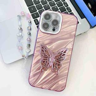 For iPhone 16 Pro Max Plating Glitter Lens Film Texture Butterfly Holder Wristband Phone Case(Pink Water Ripples)