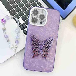 For iPhone 16 Pro Max Plating Glitter Lens Film Texture Butterfly Holder Wristband Phone Case(Purple Shell Pattern)