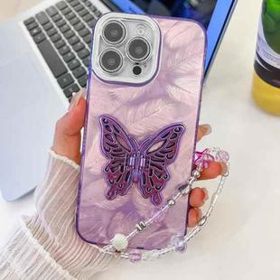 For iPhone 16 Pro Max Plating Glitter Lens Film Texture Butterfly Holder Wristband Phone Case(Purple Feathers)