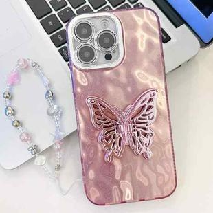 For iPhone 16 Pro Max Plating Glitter Lens Film Texture Butterfly Holder Wristband Phone Case(Pink Wrinkles)