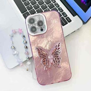 For iPhone 16 Pro Max Plating Glitter Lens Film Texture Butterfly Holder Wristband Phone Case(Pink Tinfoil Texture)