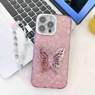 For iPhone 16 Pro Plating Glitter Lens Film Texture Butterfly Holder Wristband Phone Case(Pink Shell Pattern)