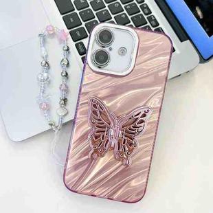 For iPhone 16 Plus Plating Glitter Lens Film Texture Butterfly Holder Wristband Phone Case(Pink Water Ripples)