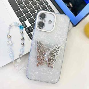 For iPhone 16 Plus Plating Glitter Lens Film Texture Butterfly Holder Wristband Phone Case(White Shell Pattern)