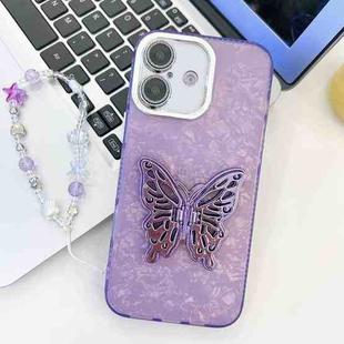 For iPhone 16 Plus Plating Glitter Lens Film Texture Butterfly Holder Wristband Phone Case(Purple Shell Pattern)