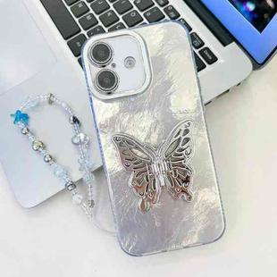 For iPhone 16 Plus Plating Glitter Lens Film Texture Butterfly Holder Wristband Phone Case(White Tinfoil Texture)