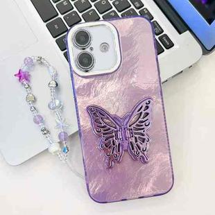 For iPhone 16 Plus Plating Glitter Lens Film Texture Butterfly Holder Wristband Phone Case(Purple Tinfoil Texture)