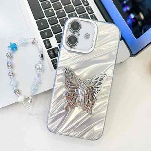 For iPhone 16 Plating Glitter Lens Film Texture Butterfly Holder Wristband Phone Case(White Water Ripples)