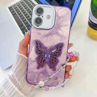 For iPhone 16 Plating Glitter Lens Film Texture Butterfly Holder Wristband Phone Case(Purple Feathers)