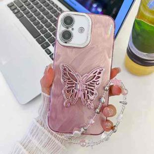 For iPhone 16 Plating Glitter Lens Film Texture Butterfly Holder Wristband Phone Case(Pink Feather Yarn)