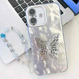 For iPhone 16 Plating Glitter Lens Film Texture Butterfly Holder Wristband Phone Case(White Wrinkles)