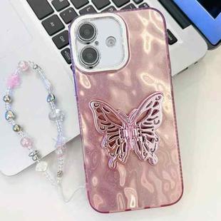 For iPhone 16 Plating Glitter Lens Film Texture Butterfly Holder Wristband Phone Case(Pink Wrinkles)