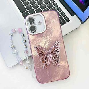 For iPhone 16 Plating Glitter Lens Film Texture Butterfly Holder Wristband Phone Case(Pink Tinfoil Texture)