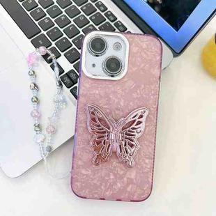 For iPhone 15 Plating Glitter Lens Film Texture Butterfly Holder Wristband Phone Case(Pink Shell Pattern)