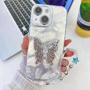 For iPhone 15 Plating Glitter Lens Film Texture Butterfly Holder Wristband Phone Case(White Feathers)