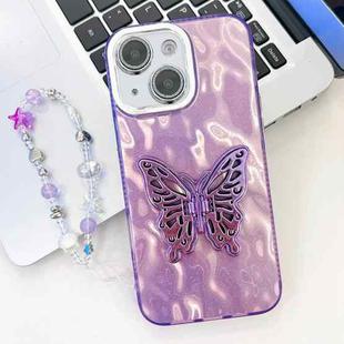 For iPhone 15 Plating Glitter Lens Film Texture Butterfly Holder Wristband Phone Case(Purple Wrinkles)