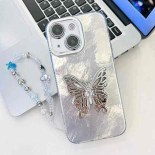 For iPhone 15 Plating Glitter Lens Film Texture Butterfly Holder Wristband Phone Case(White Tinfoil Texture)