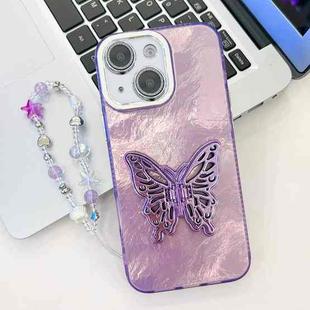 For iPhone 15 Plating Glitter Lens Film Texture Butterfly Holder Wristband Phone Case(Purple Tinfoil Texture)