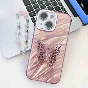 For iPhone 14 Plating Glitter Lens Film Texture Butterfly Holder Wristband Phone Case(Pink Water Ripples)