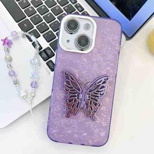 For iPhone 14 Plating Glitter Lens Film Texture Butterfly Holder Wristband Phone Case(Purple Shell Pattern)