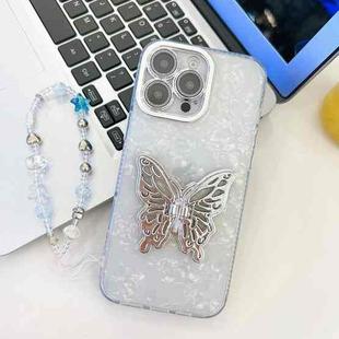 For iPhone 14 Pro Plating Glitter Lens Film Texture Butterfly Holder Wristband Phone Case(White Shell Pattern)