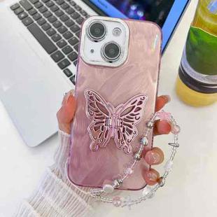 For iPhone 13 Plating Glitter Lens Film Texture Butterfly Holder Wristband Phone Case(Pink Feather Yarn)