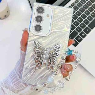 For Samsung Galaxy S24 FE 5G Plating Glitter Lens Film Texture Butterfly Holder Wristband Phone Case(White Water Ripples)